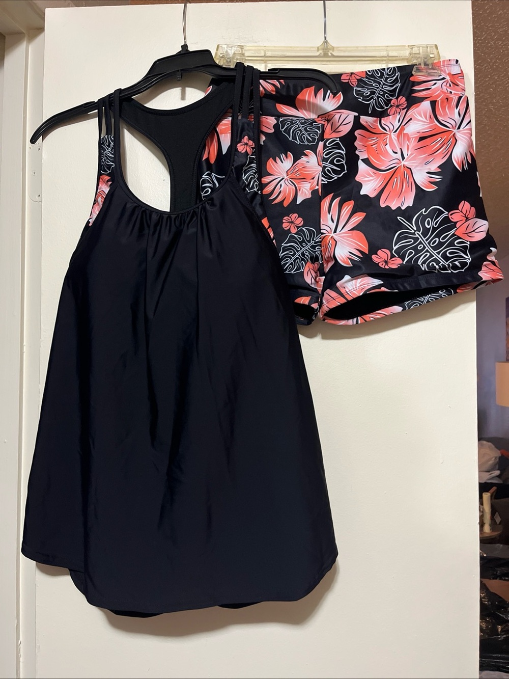 Black Coral Floral Racerback Swim Tankini Top with Swim Shorts